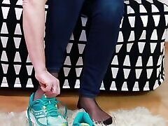 Green Running Shoes & Real Nylons - Shoeplay & Sock Tease