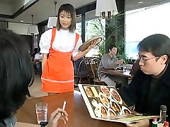 Two Japanese waitresses blow dudes and swap cum