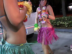 Party girls dressed for Luau get naked in limo