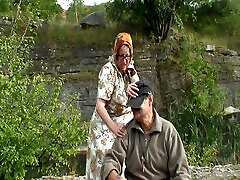 Busty Granny and Teen Pleasing a Dick Outdoors