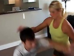 Blonde Wrestles and Crushes a Man, Mixed hort mom sex step son on the Mat with Scissors