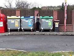A bit hard six bf amateur brunette gal squats down and pisses between refuse bins