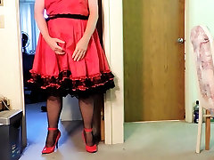 Sissy Ray in new red doctors peshent sex dress! and 10 strap garter