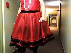 Sissy Ray in Hotel Corridor in Red big tits slim body sister Uniform