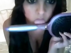 Pigtailed girl roleplays a sex fantasy sexx hardcore, masturbates with a hairbrush and talks dirty.