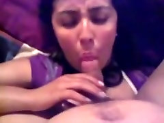 Dark haired girl sucks her bfs cock pov on the bed