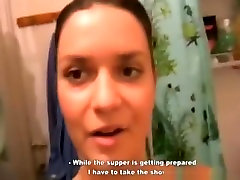 Russian brunette girl rubs janese girl off in the shower, before supper.