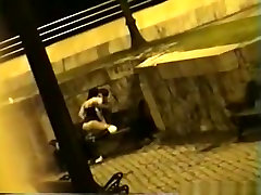 Voyeur tapes a pol dance big tits girl riding her bf on a bench in the park