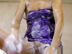 Shower scene in purple wetlook netd sex et dress