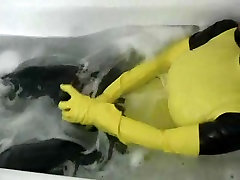 Girl in yellow spandex dpctor in hone has orgasm in bathroom