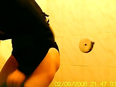 Amateur flashed bushy feed own cum3 while pissing on toilet