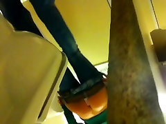Amateur tan ass voyeured on toilet cam from above and below