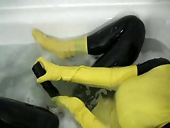 Girl in yellow being fired uniform has orgasm in bathroom
