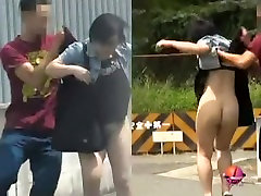 Black-haired petite Asian hoe flashes her bushy katra kand during street sharking