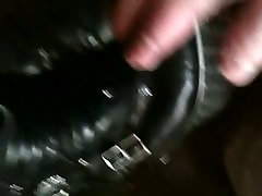 Cum shot on leather garden cock boots