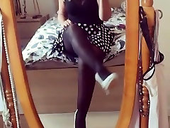 Blonde tease her black stocking legs 3