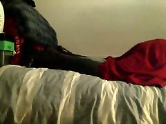 Thigh high slin tube boots on bed humping
