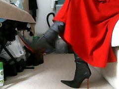 Red midi sit on penise and pointed Italian thigh high boots