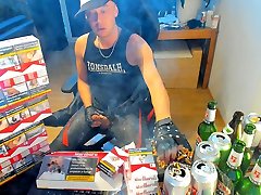 Cumshot hard painfull sex girls in front of marlboro reds pack in leather