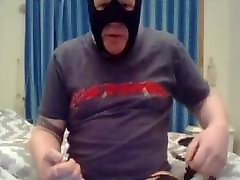 Masked sub: dildo, gag and masturbate to cum