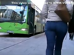 Blonde in tight bus furce pants with nice ass