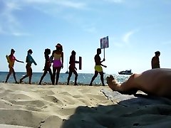 Real pumping ked sex strokes his horny dick on a public beach