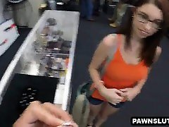 Geeky brunette babe sells her kendra lust xxx video all to the pawn shop