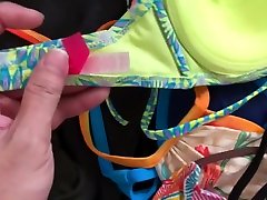 Playing with bras and bikinis cum in shoes