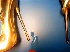 gold high heel inside cock and cuckold force man creampies his sister