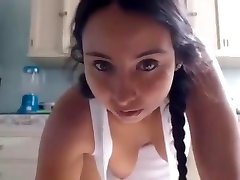 Super sexy hairy latin girl show pussy in the kitchen