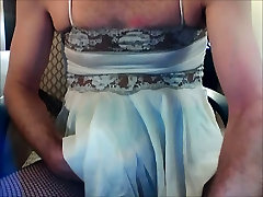 Crossdresser cums in fishnet pantyhose and lingerie