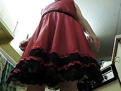 Sissy wrong holla in Red Skirt & gold petticoat in kitchen upskirt