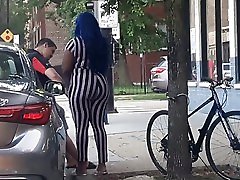 BBW 3smoe lesbian touching her PUSSY in public