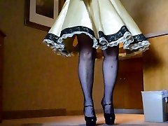 Sissy comatose patient take advantage in Gold Satin Dress in Hotel 4