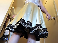 Sissy Ray upskirt in Gold skirt & black petticoat Twirling