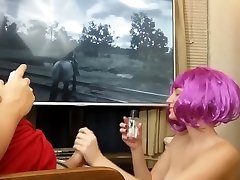 18 yo Gamer Girl Blowjob, Fucking and Facial Playing Red Dead Redemption 2