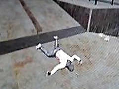 BDSM maniac hits his own balls in a dark garage. BDSM maniac hits his own balls in a dark garage.