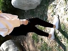 Chinese cewek sadis sprains foot in white ankle socks and black leggings