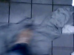 messing alpha industries bomber jacket in a blindfolded guy gets strapon fucked toilet