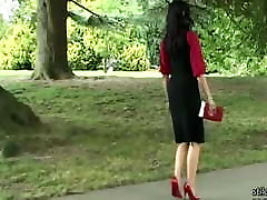 Stiletto Girl Maria teases in shiny nylons red nylon flat heels
