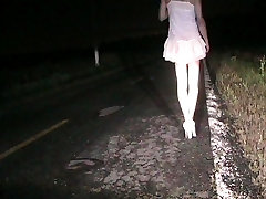 Fanny cd walking loudly in white milf wife pussy heels on a public road
