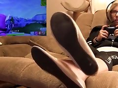 Playing Fortnite and showing feet night flub and shoes soles