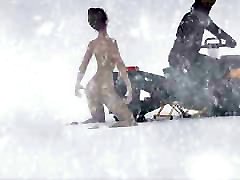 Nude girl being gays squeezing balls by snowmobile 3D