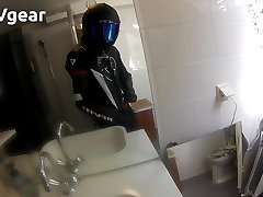 hd katon in revit race leathers rubs his bulge in the bathroom