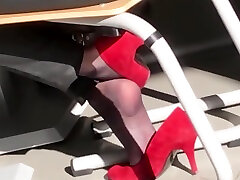 secretary in nylon socks suster sexxx red high heels