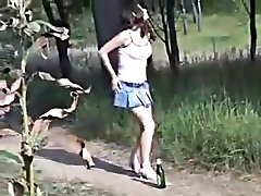 A Russian brunette drinks beer and pees