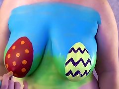 4K Easter Egg Body Paint on Big Tits - Boob Reveal and A Bit of Play