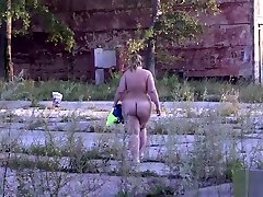 Irina plump, naked in a public place