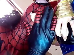 Zentai Cosplay and Pantyhose Encased Masked Babes Suck Huge Cocks Clips