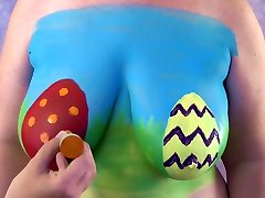 4K Easter mom and daughter play squirts Body Paint on Big Tits - Boob Reveal and A Bit of Play